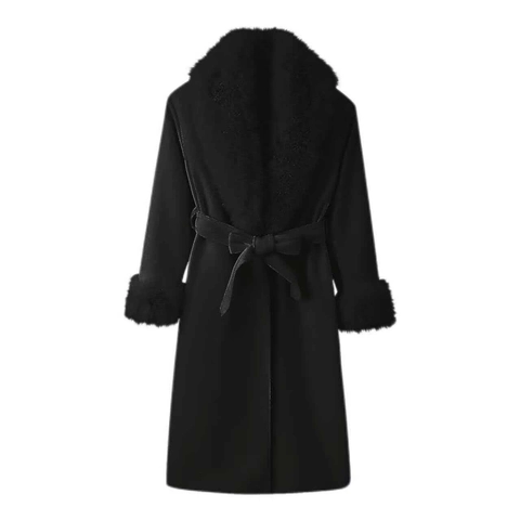 Women's Elegant Extra Long Woolen Coat With Lush Faux Fur Collar And Cuffs Belted Slim Fit Warm Winter Overcoat Outwear
