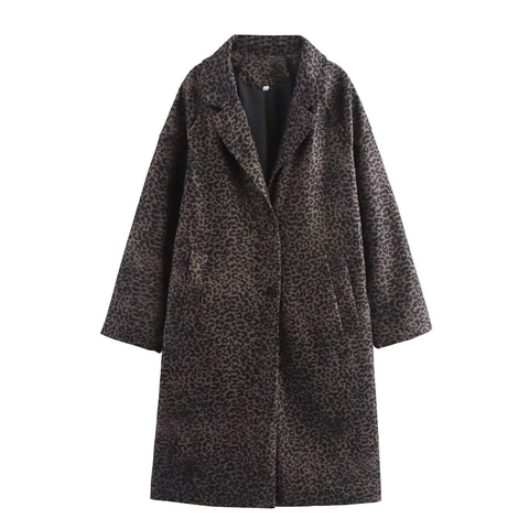 Vintage Luipaardprint Lange Jas Voor Dames Reverskraag Enkele Rij Knoppen Losse Polyester Overjas Herfst Mode Bovenkleding