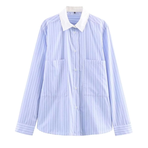 Women's Casual Contrast Collar Striped Long Sleeve Shirt Loose Button Down Blouse With Pockets Office Lady Spring Tops