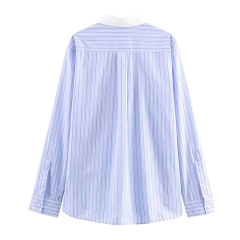 Women's Casual Contrast Collar Striped Long Sleeve Shirt Loose Button Down Blouse With Pockets Office Lady Spring Tops
