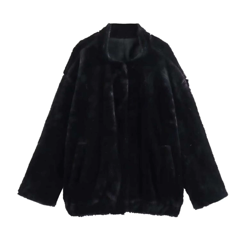 Damen Vintage Locker Kunstpelzmantel Stehkragen Mittellang Winter Warm Schwarz Jacke Casual Pendler Oberbekleidung
