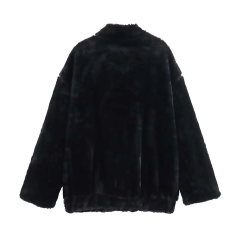 Damen Vintage Locker Kunstpelzmantel Stehkragen Mittellang Winter Warm Schwarz Jacke Casual Pendler Oberbekleidung