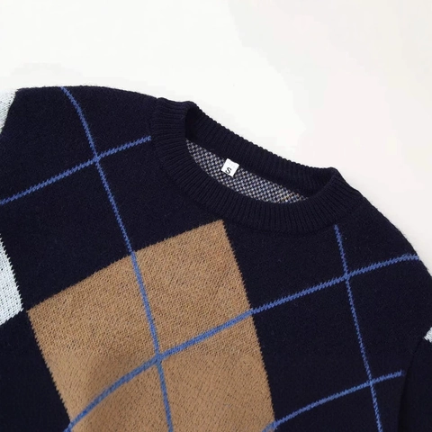 Pull en Tricot Vintage Argyle pour Femmes Col Rond Manches Longues Color Block Chaud Hiver Mode Haut