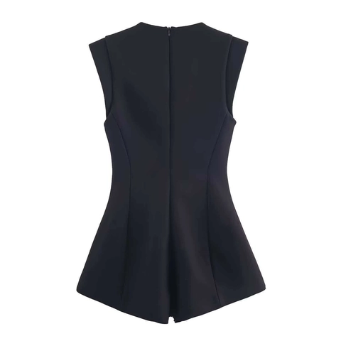 Damen Eleganter Ärmelloser Playsuit Mit Eckigem Ausschnitt Und Strassschmuckknöpfen Schlanker Schwarzer Jumpsuit Einteiler