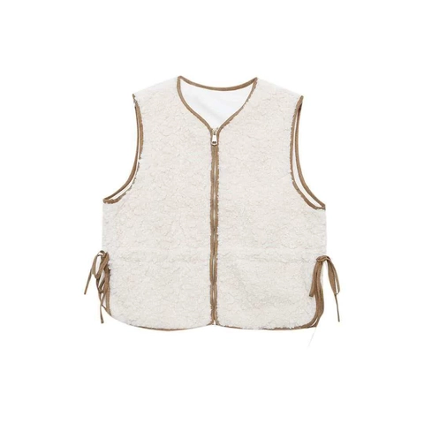 Gilet da Donna Casual in Lana d'Agnello Bianco Crema Scollo a V Senza Maniche Con Laccio Laterale E Bordo a Contrasto Per Autunno Inverno