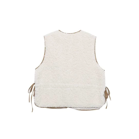 Gilet da Donna Casual in Lana d'Agnello Bianco Crema Scollo a V Senza Maniche Con Laccio Laterale E Bordo a Contrasto Per Autunno Inverno