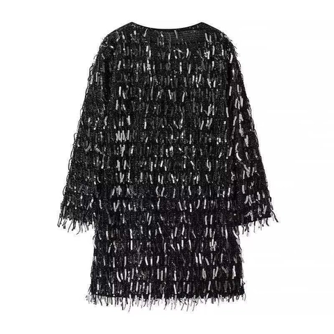 Damen V-Ausschnitt Pailletten Quaste Langarm Kleid Elegant Hohe Taille Schwarz Mini Party Abendkleid Für Bankett Damen