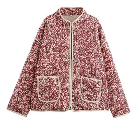 Veste Matelassée Florale Vintage pour Femmes Col Montant Manches Longues Manteau Rembourré avec Poches Style Champêtre