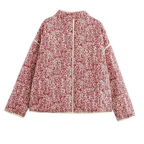 Veste Matelassée Florale Vintage pour Femmes Col Montant Manches Longues Manteau Rembourré avec Poches Style Champêtre