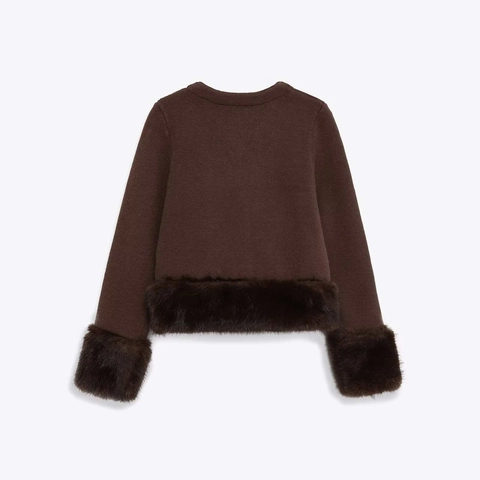 Cardigan en Tricot Élégant pour Femme Avec Bordure en Fausse Fourrure Manches Longues Brun Foncé Polyester Patchwork Pull Automne