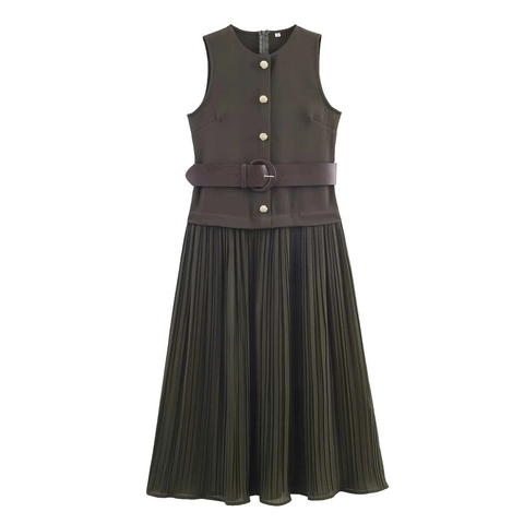 Vestido Midi Plisado Sin Mangas Elegante Para Mujer Con Cinturón Botones Dorados Color Sólido Cuello Redondo Vestido