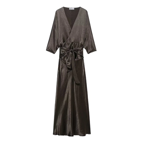 Damen Elegant Satin V-Ausschnitt Maxikleid Mit Taillenbindung Crinkled Metallischer Glanz Langes Kleid Für Bankett Party Pendeln Dame