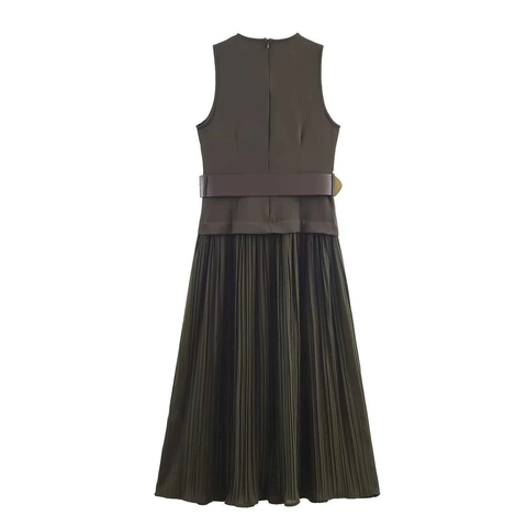 Vestido Midi Plisado Sin Mangas Elegante Para Mujer Con Cinturón Botones Dorados Color Sólido Cuello Redondo Vestido