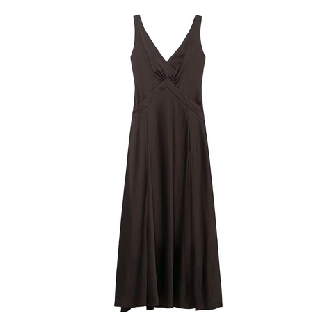 Vestido Largo de Gala para Mujer Elegante con Escote en V Profundo sin Mangas de Satén Fruncido Color Sólido Corte Ajustado para Banquete y Fiesta