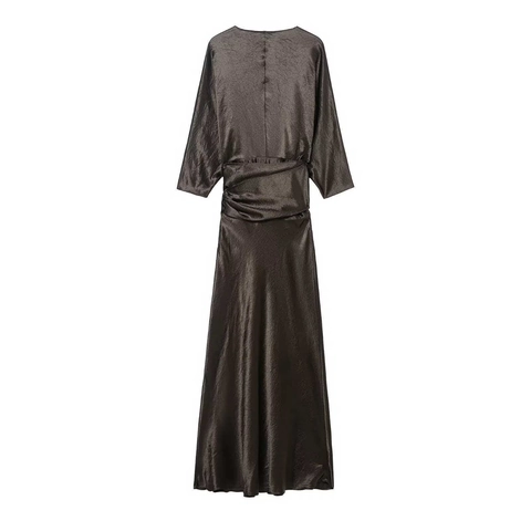 Damen Elegant Satin V-Ausschnitt Maxikleid Mit Taillenbindung Crinkled Metallischer Glanz Langes Kleid Für Bankett Party Pendeln Dame