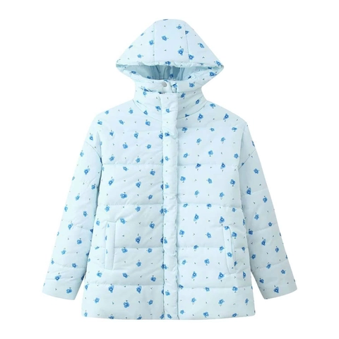 Women Casual Floral Print Quilted Padded Coat Loose Hooded Winter Warm Cotton Jacket Long Sleeve Zipper Pocket Outerwear