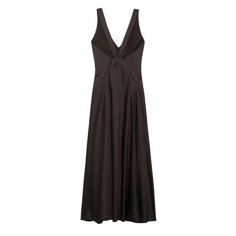 Vestido Largo de Gala para Mujer Elegante con Escote en V Profundo sin Mangas de Satén Fruncido Color Sólido Corte Ajustado para Banquete y Fiesta