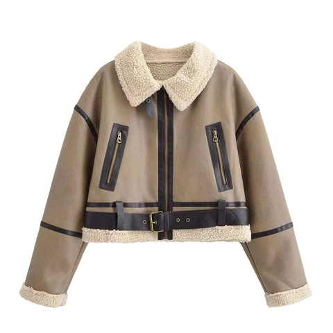 Dames Vintage Khaki Suède Lamswol Patchwork Bikerjas Warme Faux Lamswol Jas Met Riem Lange Mouwen Outwear