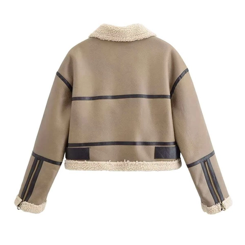 Dames Vintage Khaki Suède Lamswol Patchwork Bikerjas Warme Faux Lamswol Jas Met Riem Lange Mouwen Outwear