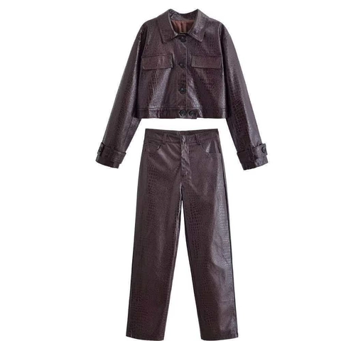 Dames Krokodillenreliëf PU Leren Jas En Rechte Broek Bourgondië Casual Kunstleren Herfst Outfit Kleding