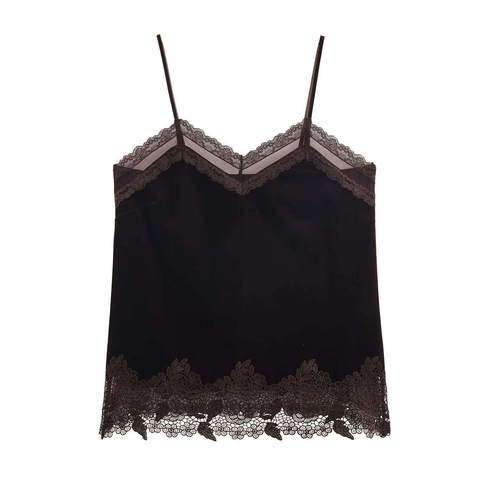 Damen Sexy Samt Unterhemd Mit Spitzenbesatz V-Ausschnitt Dunkelbraun Spaghetti-Träger Tank Top Party Vintage Stil Top