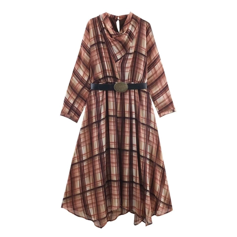 Damen Elegant Karo Wasserfall-Ausschnitt Langarm Midi Kleid Hohe Taille Asymmetrisch Chiffon Kleid Mit Gürtel Sommer Herbst Büro