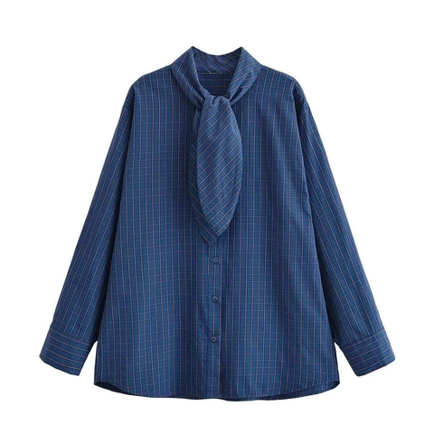 Dames Plaid Lange Mouwen Blouse Strik Sjaal Kraag Single Breasted Polyester Kantoor Casual Geruit Shirt Top