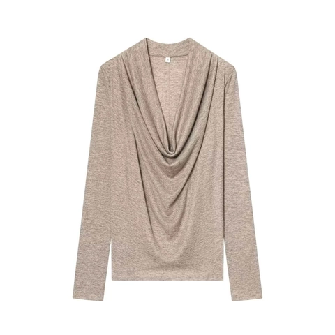 Camiseta de Manga Larga con Cuello Desbocado para Mujer Invierno Elegante Ajuste Delgado Tejido Jaspeado Top de Base Casual