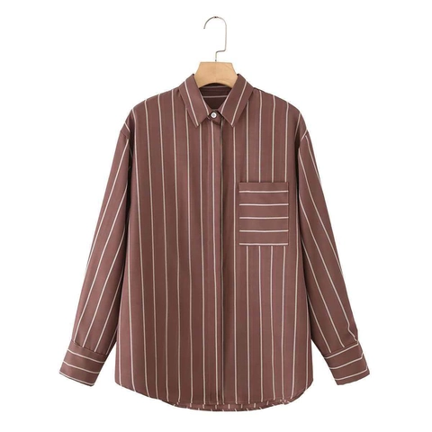 Camicia da Donna Elegante a Righe Marroni a Maniche Lunghe Con Tasca Camicetta da Ufficio Casual Vestibilità Comoda Top a Righe
