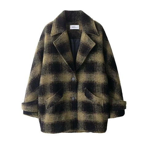 Women Vintage Plaid Woolen Coat Yellow Black Checkered Mid Length Lapel Single Breasted Warm Long Sleeve Autumn Winter Outerwear