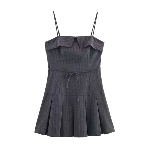 Damen Sexy Nadelstreifen Spaghettiträger Minikleid Hohe Taille Plissee Schlanke Passform Grau Strick Ärmellos Etuikleid