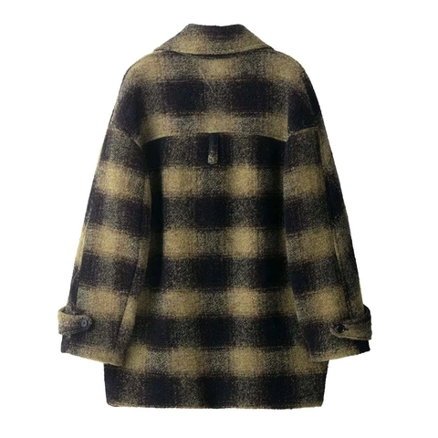 Women Vintage Plaid Woolen Coat Yellow Black Checkered Mid Length Lapel Single Breasted Warm Long Sleeve Autumn Winter Outerwear