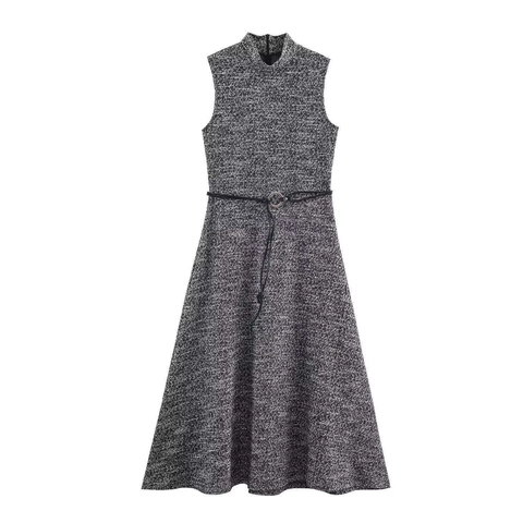 Damen Ärmellos Tweed Textur Maxikleid Elegant Rundhalsausschnitt Bodycon Kleid Mit Gürtel Grau