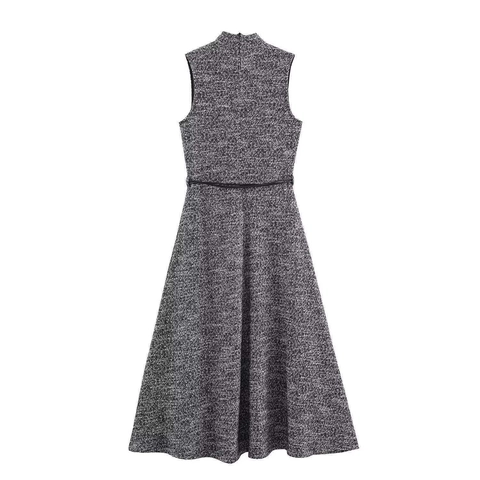 Damen Ärmellos Tweed Textur Maxikleid Elegant Rundhalsausschnitt Bodycon Kleid Mit Gürtel Grau