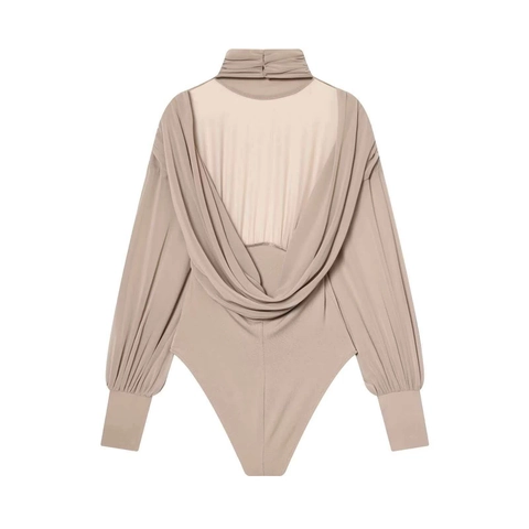 Damen Sexy Rückenfrei Wasserfall Ausschnitt Plissee Langarm Bodysuit Elegant Nude Mesh Patchwork Slim Jumpsuit Urlaub Top
