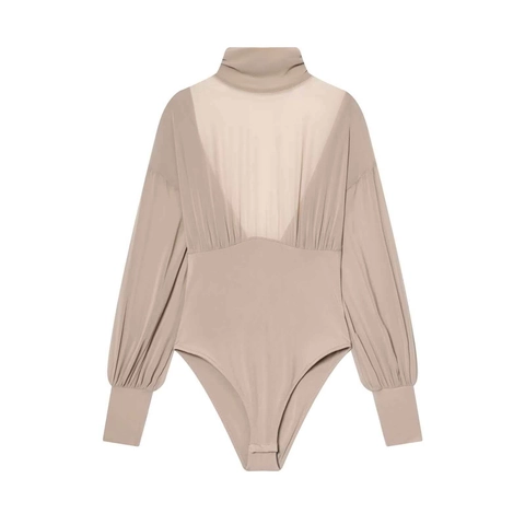 Damen Sexy Rückenfrei Wasserfall Ausschnitt Plissee Langarm Bodysuit Elegant Nude Mesh Patchwork Slim Jumpsuit Urlaub Top