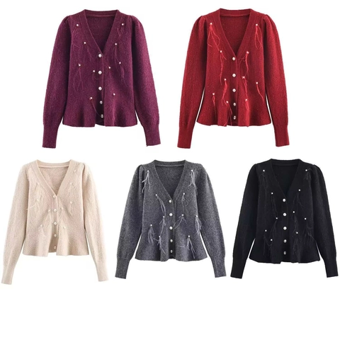 Gilet en Tricot Élégant pour Femmes Col en V Avec Boutons de Künstliche Perle Franges en Plumes Slim Fit Automne Pull Couleur Unie