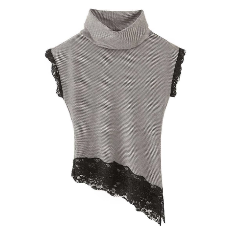 Dames Elegante Houndstooth Hoogsluitende Mouwloze Top Met Kantstiksel Asymmetrische Zoom Vintage Slim Fit Blouse Shirt