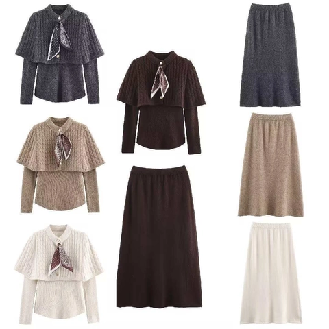 Women Elegant Knitted 2-Piece Skirt Set Long Sleeve Round Neck Sweater Top And Midi Skirt Solid Color Cable Knit Outfit