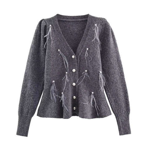 Gilet en Tricot Élégant pour Femmes Col en V Avec Boutons de Künstliche Perle Franges en Plumes Slim Fit Automne Pull Couleur Unie