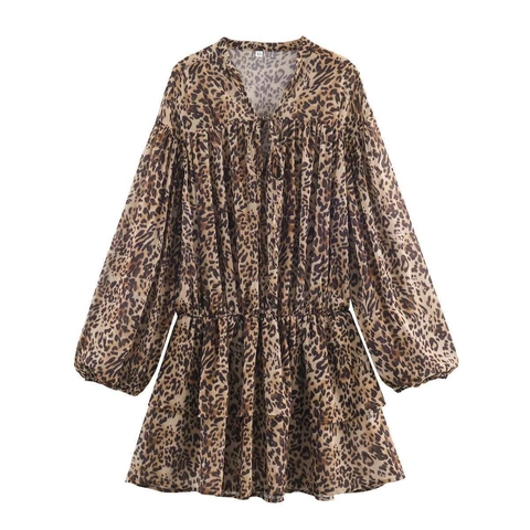 Damen Elegant Leopardenmuster Chiffon Langarm Mittellang Kleid V-Ausschnitt Schnürung Stufenrock Lässig Pullover Kleid