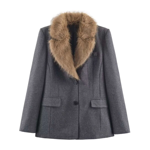 Elegante Slim Fit Blazer Jas Voor Dames Met Kraag Van Nepbont Effen Kleur Lange Mouw Single Breasted