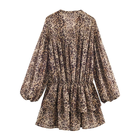 Damen Elegant Leopardenmuster Chiffon Langarm Mittellang Kleid V-Ausschnitt Schnürung Stufenrock Lässig Pullover Kleid