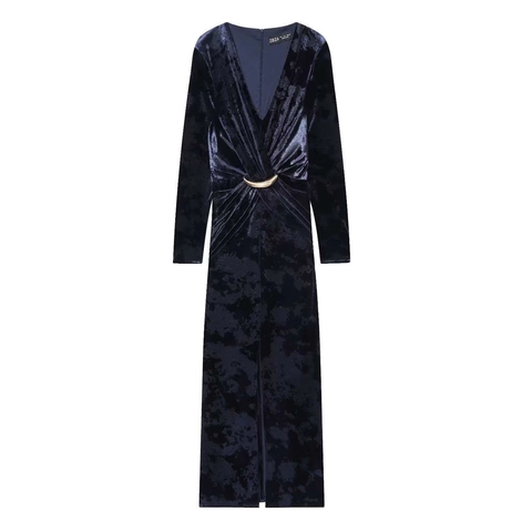 Elegante Marineblauwe Fluwelen Midi Jurk Met V Hals Gouden Maan Gesp Lange Mouwen Strakke Banket Avondfeest Jurk Dames