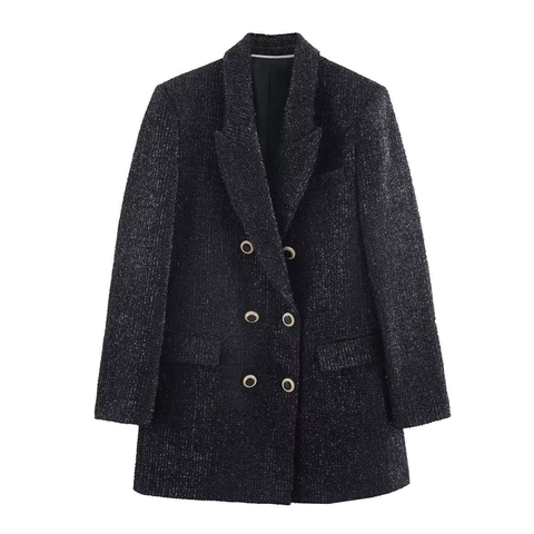 Dames Double-breasted Tweed Blazer Metaaldraad Jas Zwart Reverskraag Elegante Bovenkleding Woon-werkverkeer Kantoorpak Jas