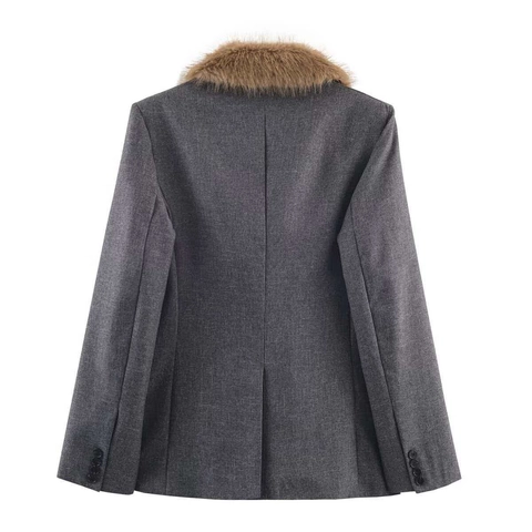 Elegante Slim Fit Blazer Jas Voor Dames Met Kraag Van Nepbont Effen Kleur Lange Mouw Single Breasted