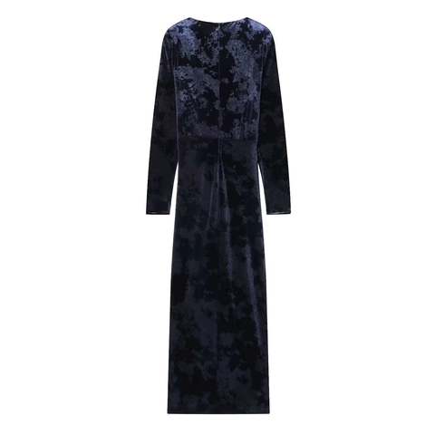 Elegante Marineblauwe Fluwelen Midi Jurk Met V Hals Gouden Maan Gesp Lange Mouwen Strakke Banket Avondfeest Jurk Dames