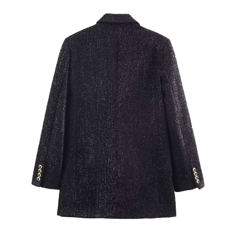 Dames Double-breasted Tweed Blazer Metaaldraad Jas Zwart Reverskraag Elegante Bovenkleding Woon-werkverkeer Kantoorpak Jas