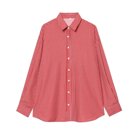 Women Striped Long Sleeve Shirt Back Button Loose Fit Casual Turn-down Collar Blouse Top Red Brown Burgundy Striped