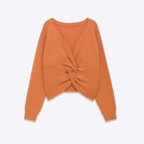 Women Casual Long Sleeve Knit Sweater Ribbed Pullover Top With Back Twist Knot Detail Solid Orange Polyester Knitwear